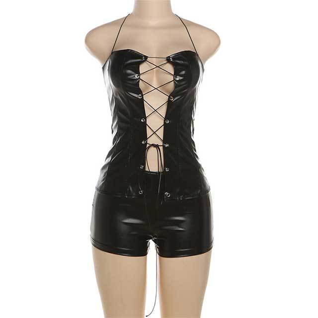 Leather Lace-Up Halter Top Short Set