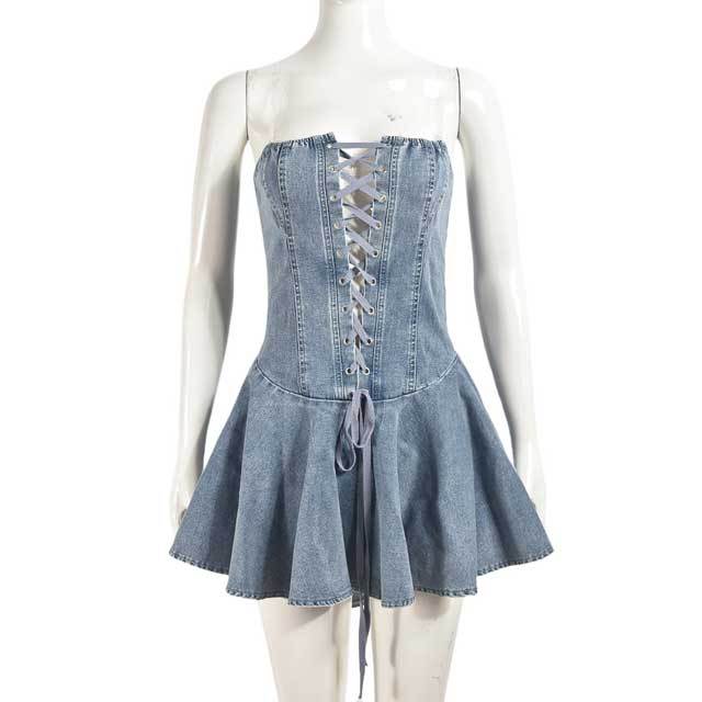 Lace-Up Denim Pleated Dress