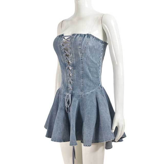 Lace-Up Denim Pleated Dress