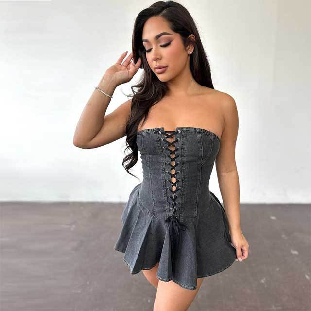 Lace-Up Denim Pleated Dress