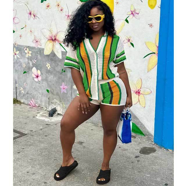 Knit Striped Polo Top Short Set