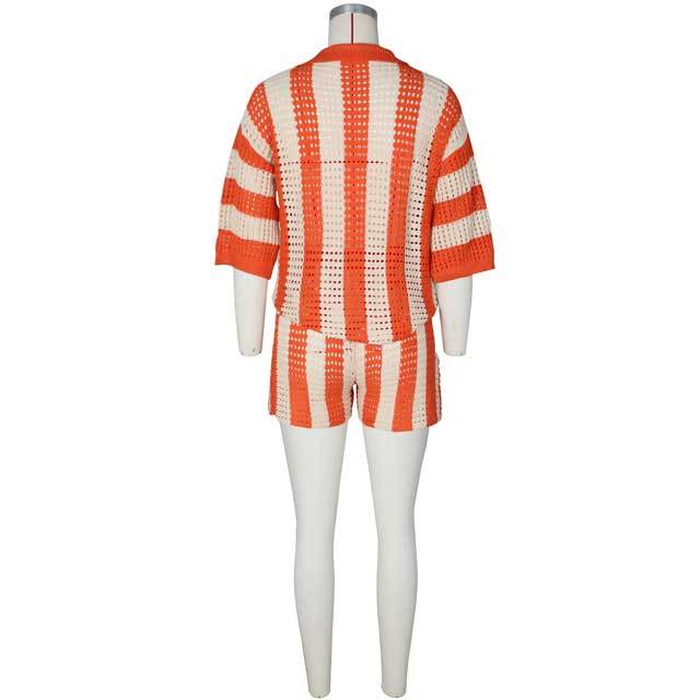 Knit Hollow Out Striped Short Set
