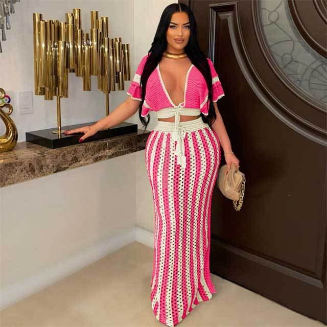 Knit Hollow Out Striped Maxi Skirt Set