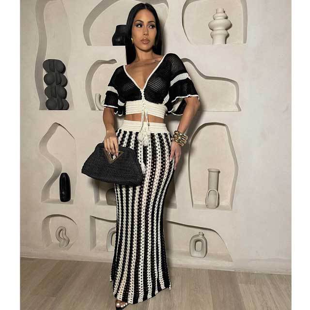 Knit Hollow Out Striped Maxi Skirt Set