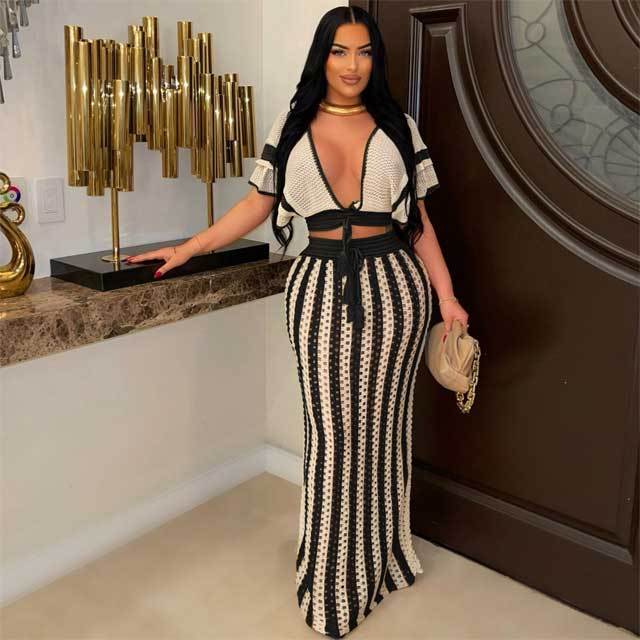 Knit Hollow Out Striped Maxi Skirt Set