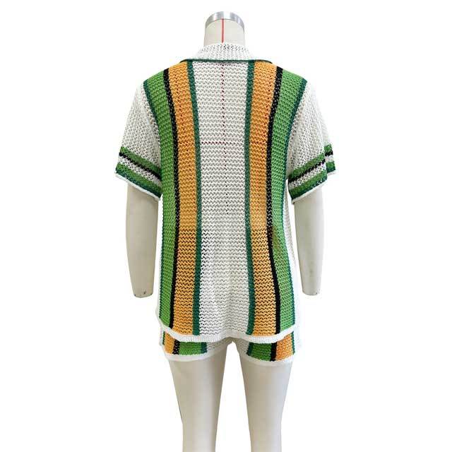 Knit Striped Polo Top Short Set