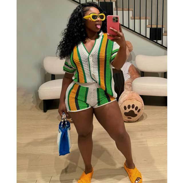 Knit Striped Polo Top Short Set