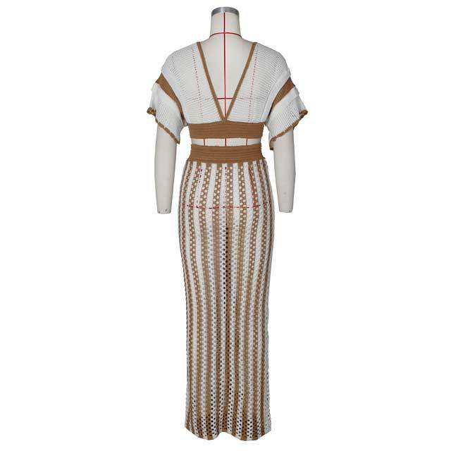 Knit Hollow Out Striped Maxi Skirt Set