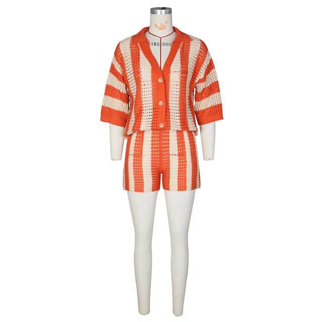 Knit Hollow Out Striped Short Set