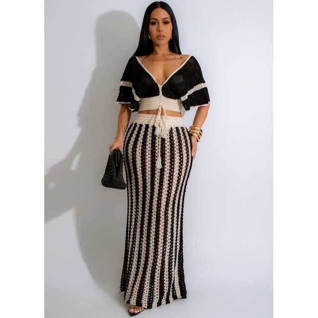Knit Hollow Out Striped Maxi Skirt Set