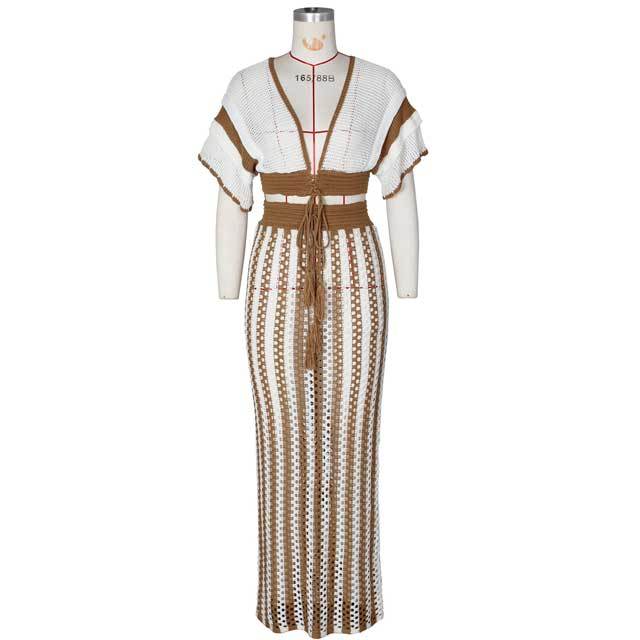 Knit Hollow Out Striped Maxi Skirt Set