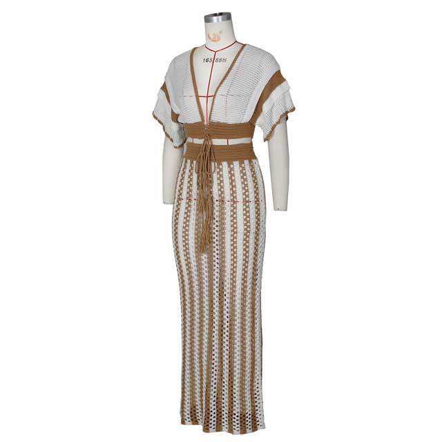 Knit Hollow Out Striped Maxi Skirt Set