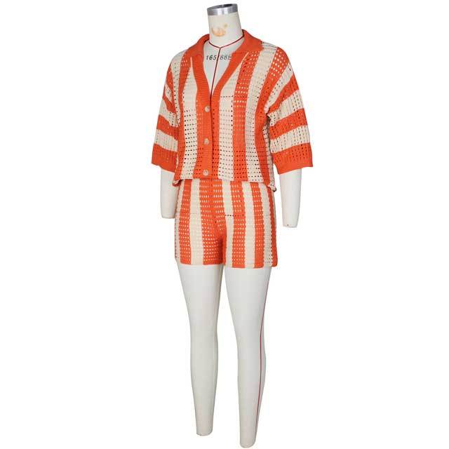 Knit Hollow Out Striped Short Set
