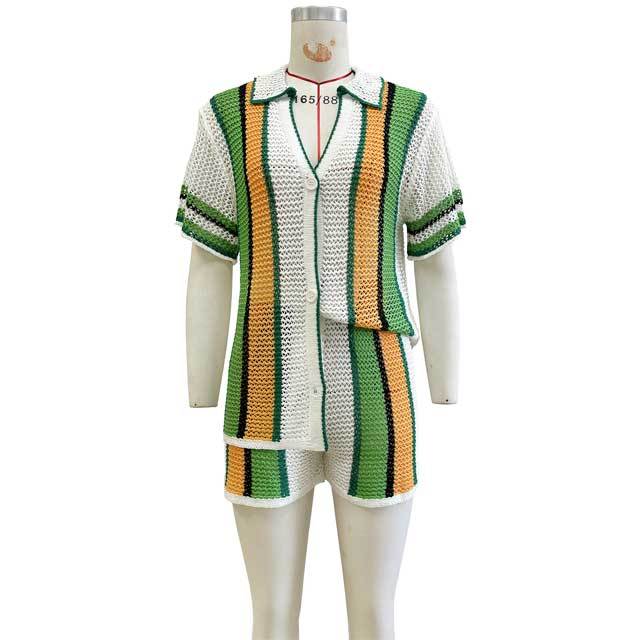 Knit Striped Polo Top Short Set