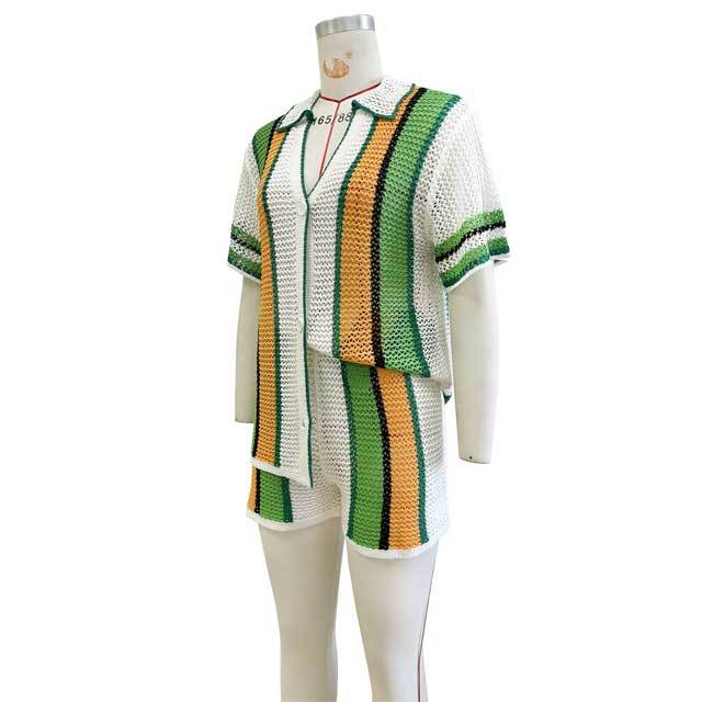 Knit Striped Polo Top Short Set