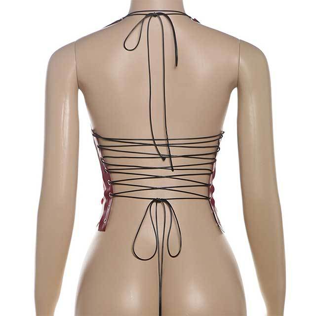 Hollow Out Lace Up Halter Neck Top