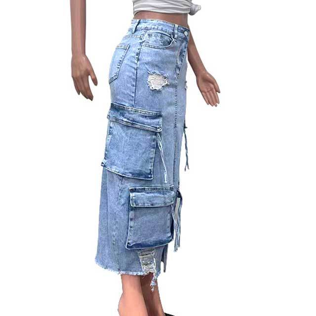 Multi Pockets Ripped Denim Cargo Skirt