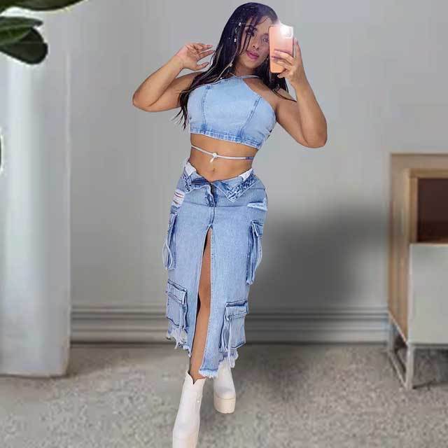 Multi Pockets Ripped Denim Cargo Skirt