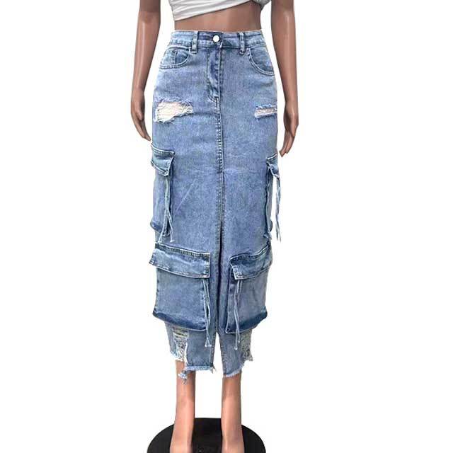 Multi Pockets Ripped Denim Cargo Skirt