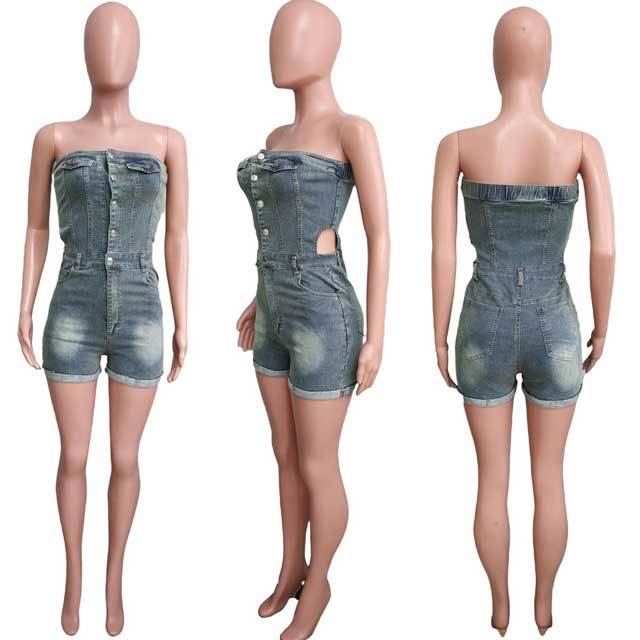 Strapless Hollow Out Denim Romper