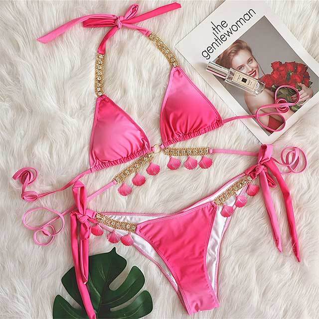 Lace-up Gradient Print Luxury Crystal Diamond Bikini