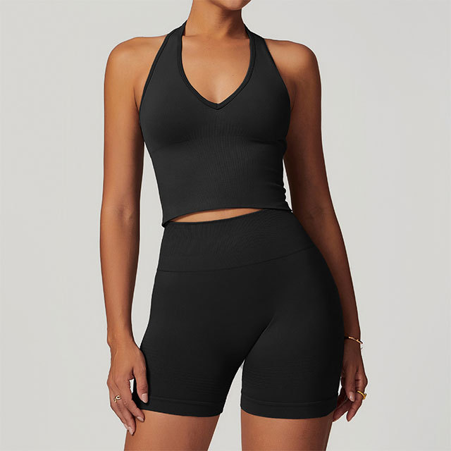 Solid Color Halter Neck Top Fitness Short Set