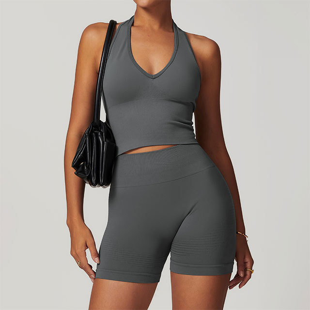 Solid Color Halter Neck Top Fitness Short Set