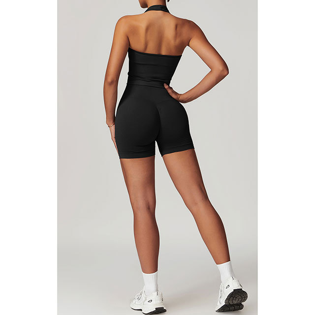 Solid Color Halter Neck Top Fitness Short Set