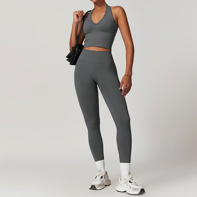 V Neck Halter Tank Top Fitted Pant Set