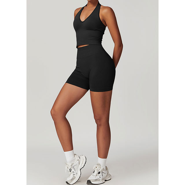 Solid Color Halter Neck Top Fitness Short Set