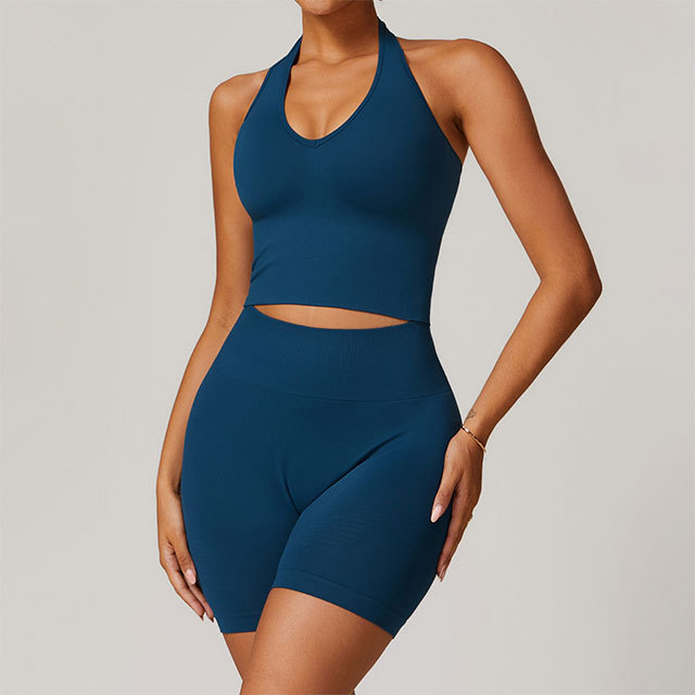 Solid Color Halter Neck Top Fitness Short Set