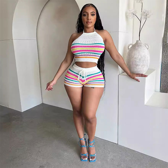 Knit Rainbow Striped Halter Top Short Set
