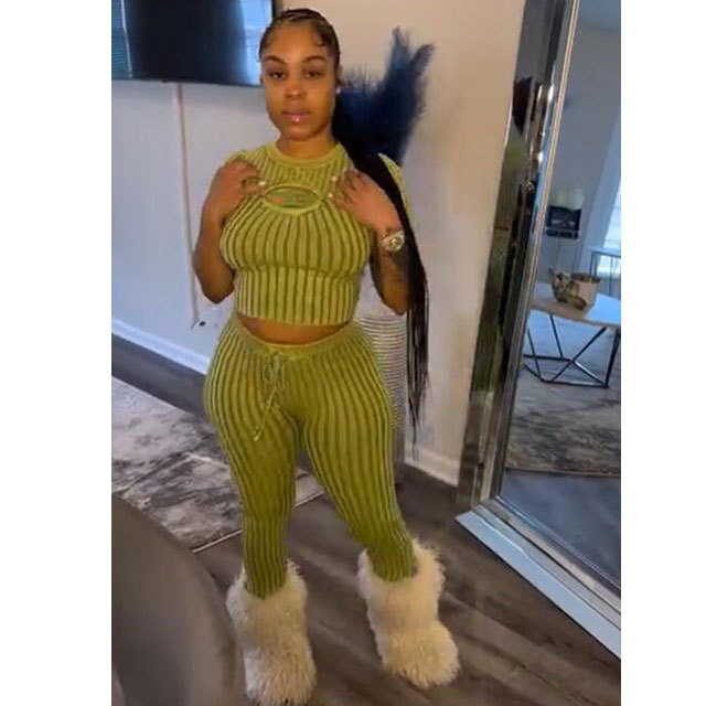Hollow Out Knit 2 Piece Pant Set