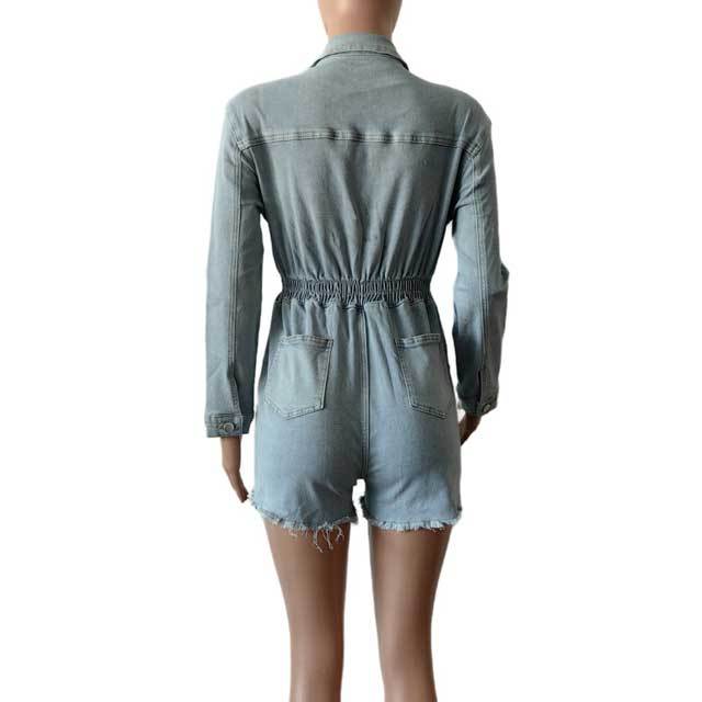 Zipper Ripped Denim Cargo Romper