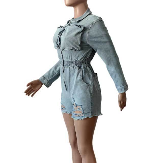 Zipper Ripped Denim Cargo Romper