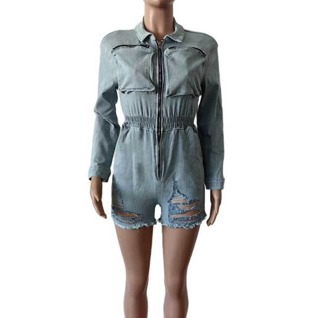 Zipper Ripped Denim Cargo Romper