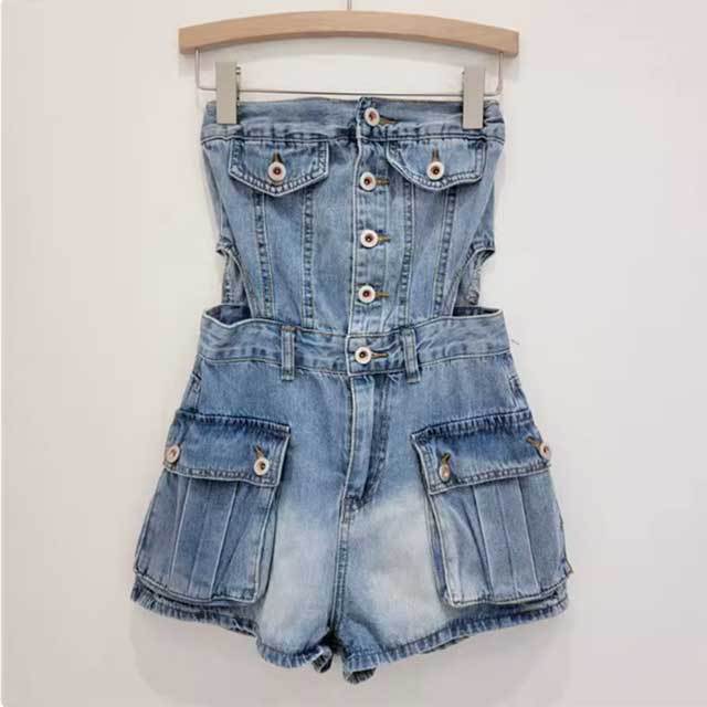 Denim Hollow Out Strapless Cargo Romper