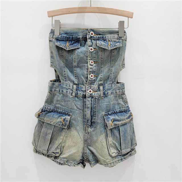 Denim Hollow Out Strapless Cargo Romper