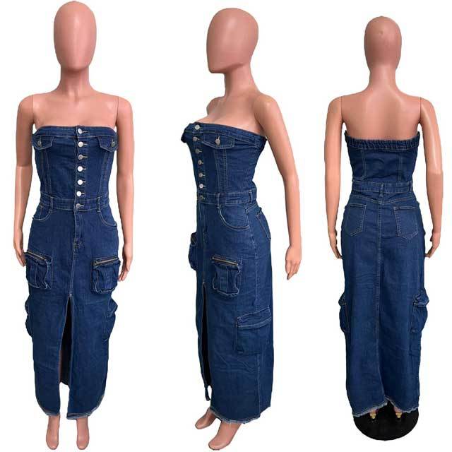Strapless Slit Denim Cargo Maxi Skirt