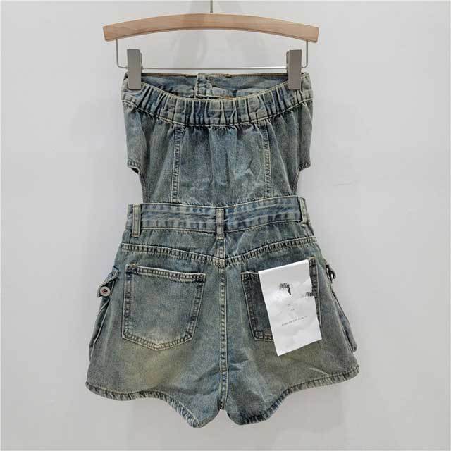 Denim Hollow Out Strapless Cargo Romper