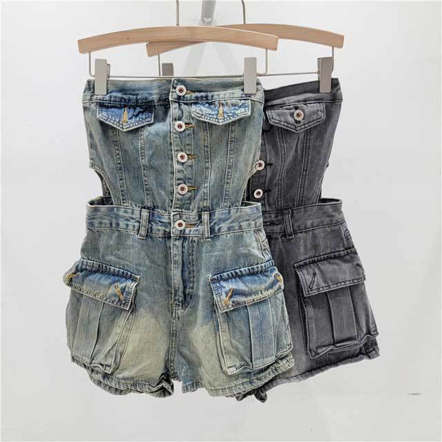 Denim Hollow Out Strapless Cargo Romper