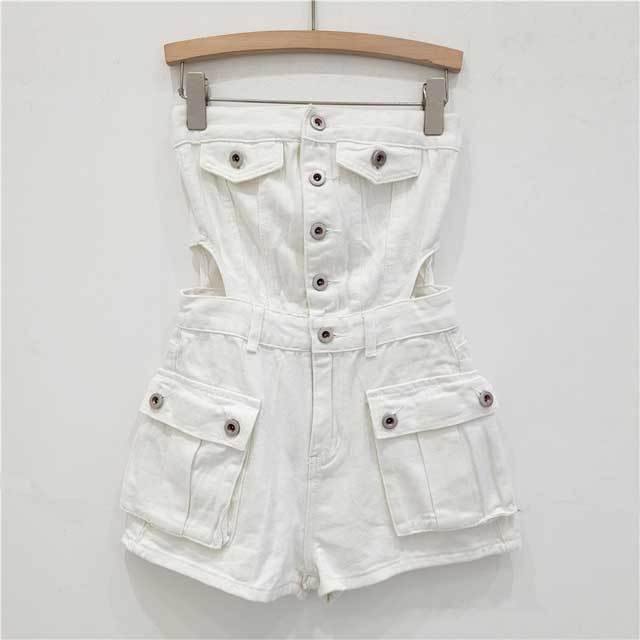 Denim Hollow Out Strapless Cargo Romper