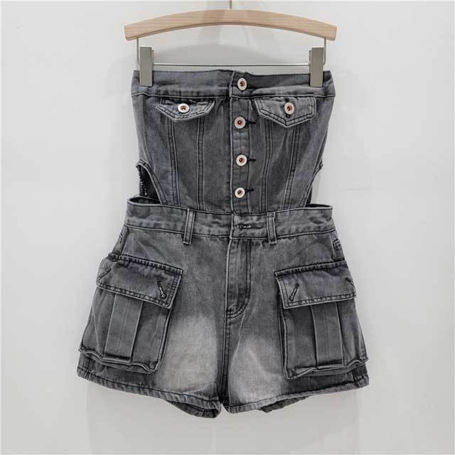 Denim Hollow Out Strapless Cargo Romper