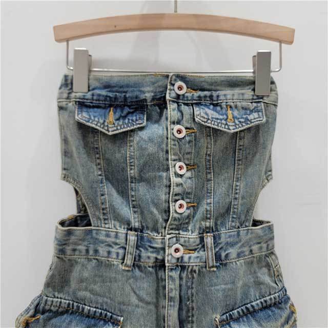 Denim Hollow Out Strapless Cargo Romper