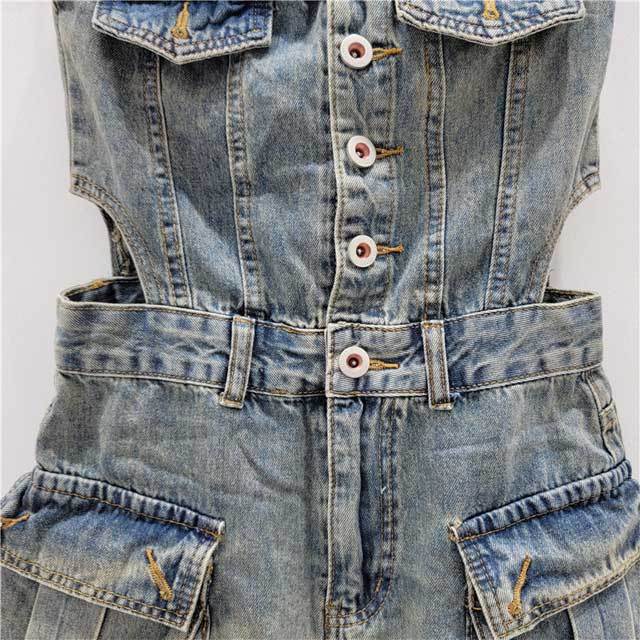 Denim Hollow Out Strapless Cargo Romper