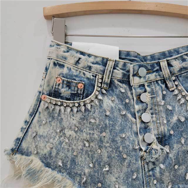 Rhinestones Beaded Denim Shorts