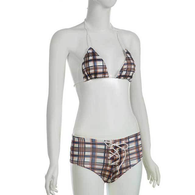 Plaid Print Lace-Up Bikini Set