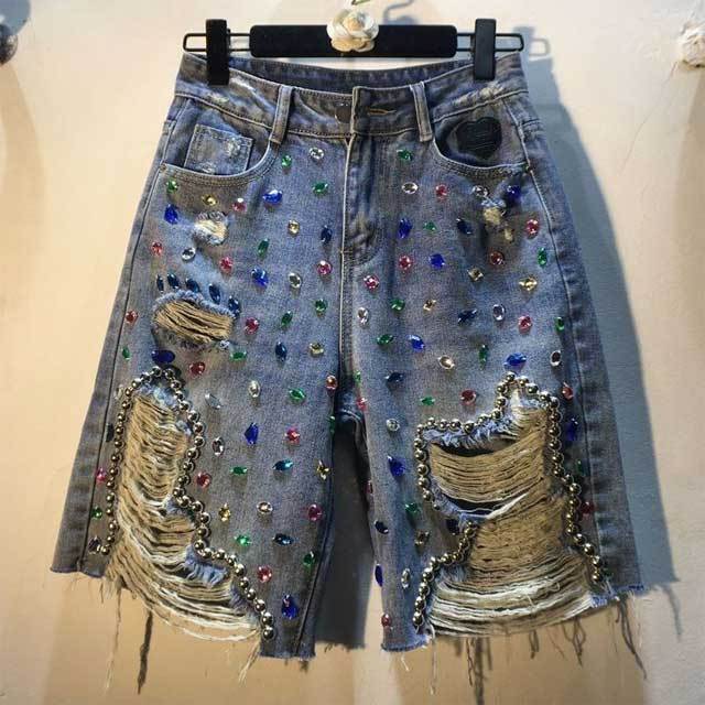 Beaded Crystal Ripped High Waist Denim Shorts