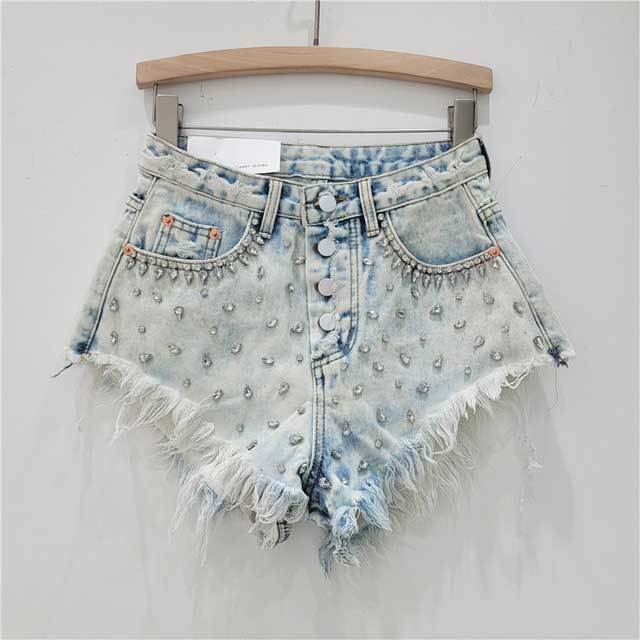 Rhinestones Beaded Denim Shorts