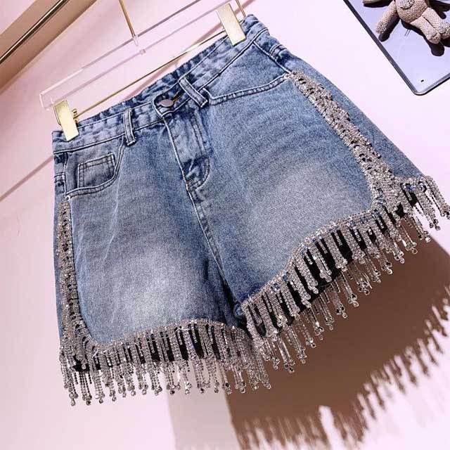 Rhinestones High Waist Denim Shorts